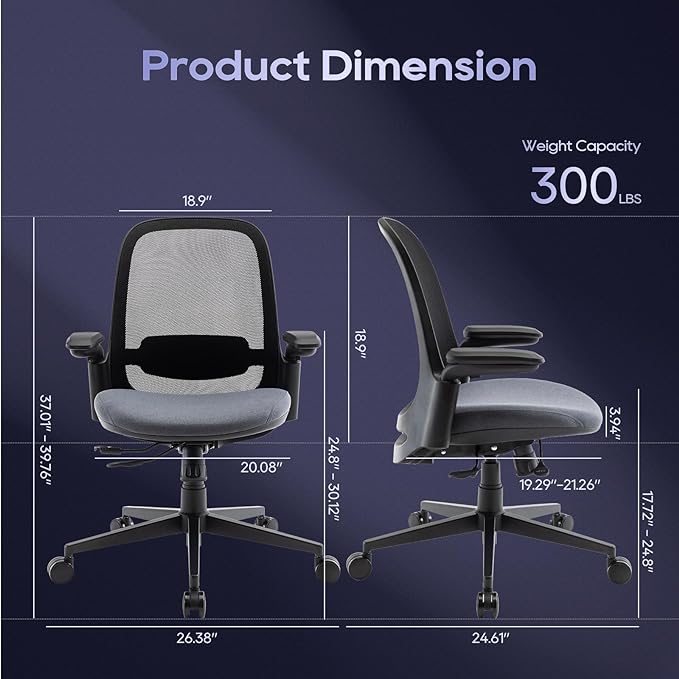 COLAMY 3084 Ergonomic Mesh Chair 300lbs, OfficeChair, Home Office DeskChair with Adjustable Seat Slider, Lumbar Support, Tilt and 3D Armrests, Mid Back-black & Grey - LeafyLoom