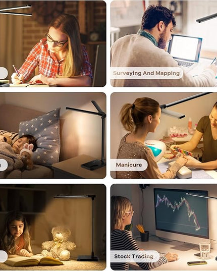 RealPlus Desk Lamp with USB Charging Port & 【Adapter】, 17IN Tall LED Desk Lamps for Home Office, 10W Double Head Desk Lamp with Pen Holder, Memory Function/10 Brightness/5 Colors/Reading Mode/Timer - LeafyLoom