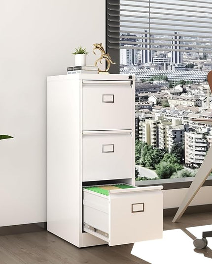 3 Drawer File Cabinet, Metal Vertical File Cabinets with Lock for Home Office, Office Steel Filing Cabinet for Hanging Files for A4/ Legal/Letter,Assembly Required (White) - LeafyLoom