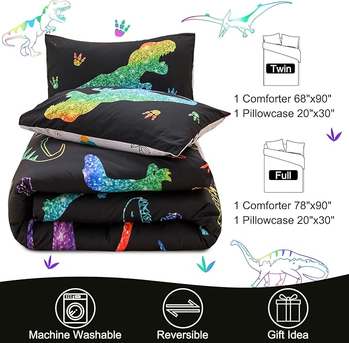 Meeting Story Dinosaur Comforter Set, Fluorescence Gradation Dinosaur Twin Comforter Set, 3 PCS 1 Comforter and 2 Pillowcases in One Bag, All Season Bedspread for Kids Teens Adults（Twin） - LeafyLoom