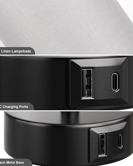 Grey Table Bedside Lamp for Bedroom Nightstand- Small Lamp with USB A + C Charging Port, 3 Color Temperatures Pull Chain Night Stand Light with Bulb, Side Table Desk Reading Lamp for Living Room - LeafyLoom