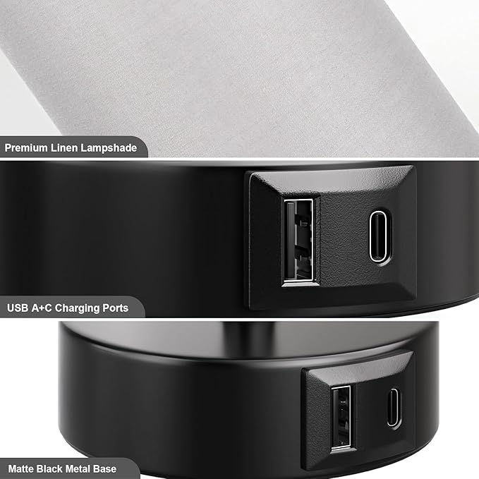 Grey Table Bedside Lamp for Bedroom Nightstand- Small Lamp with USB A + C Charging Port, 3 Color Temperatures Pull Chain Night Stand Light with Bulb, Side Table Desk Reading Lamp for Living Room - LeafyLoom