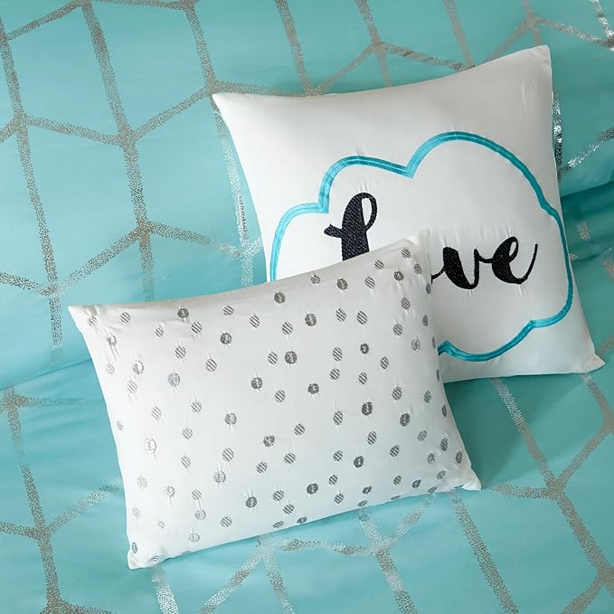Intelligent Design Raina Twin / Twin XL Comforter Set, Soft Microfiber Comforter Set Twin, Modern Geometric Metallic Bed Set, 4 Pieces College Bedding Comforter Set with 1 Sham, 2 Toss Pillows Aqua - LeafyLoom