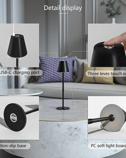 LED CordlessTable Lamp,4000mAh Rechargeable Battery Desk lamp,3 Level Brightness Beside Night Light, Minimalist Design, for Couple Dinner/Coffee Table/Restaurant/Bedroom(Black 4pack) - LeafyLoom