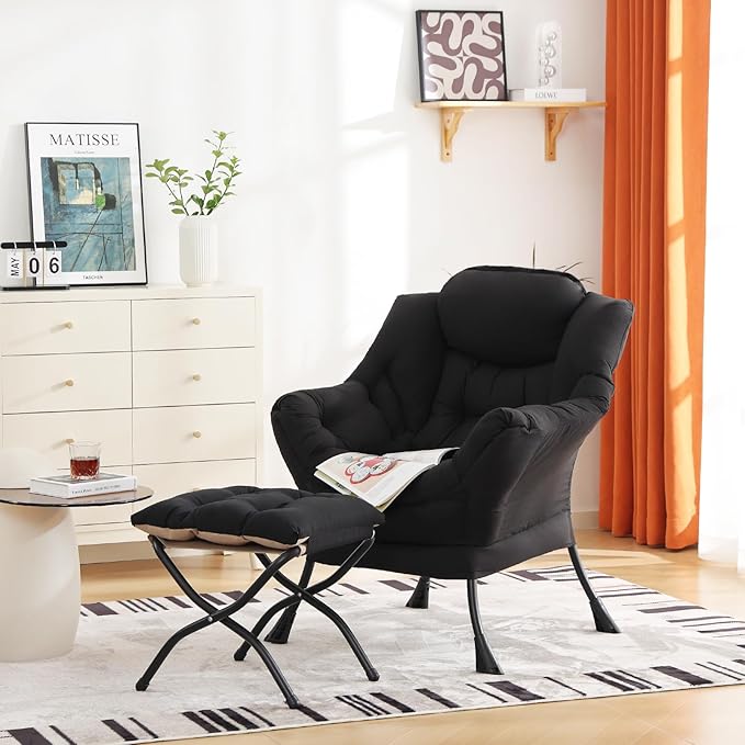 Cozy Lazy Chair and Ottoman, Large Contemporary Accent Lounge Chair Set, Leisure Upholstered Reading Armchair for Bedroom, Living Room, Dorm Rooms, Office - LeafyLoom