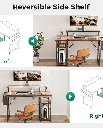 AODK 40 Inch Computer Desk with Adjustable Monitor Stand, Work Writing Desk with Shelves, PC Desk Workstation, Vintage Home Office Desk - LeafyLoom
