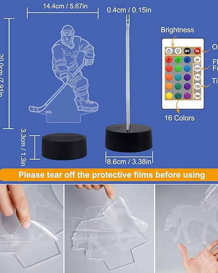 FULLOSUN 3D Night Lights Ice Hockey Athlete 3D Illusion Bedside Lamp 16 Colors Changing with Remote Control Best Birthday Gifts for Men Women - LeafyLoom