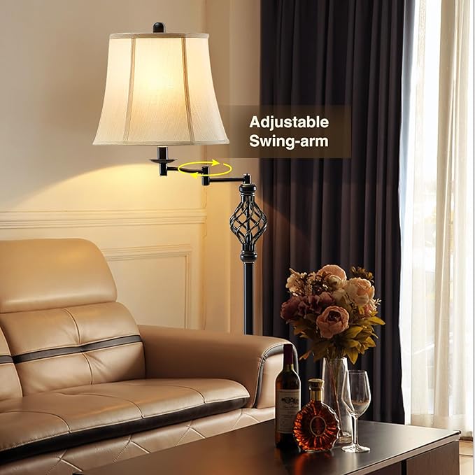 3 Color Temperature LED Floor lamp, Traditional 350° Adjustable Swing Arm Floor Lamp Vintage Pole lamp Farmhouse Lamp for Living Rooms & Offices, Rustic Standing Lamp for Bedroom Reading - LeafyLoom