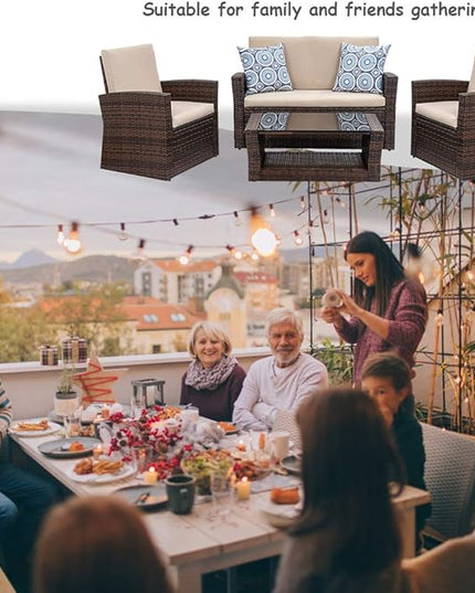 FDW Sectional Sofa Rattan Chair Wicker Conversation Set Outdoor Backyard Porch Poolside Balcony Garden Furniture with Coffee Table, Brown - LeafyLoom