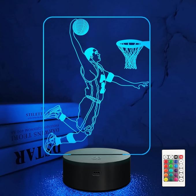FULLOSUN Basketball 3D Night Light, Basketball Sport Gifts Bedside Lamp for Xmas Holiday Birthday Gifts for Kids Basketball Fan with Remote Control 16 Colors Changing + 4 Changing Mode + Dim Function - LeafyLoom