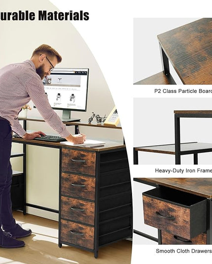 TOPSKY Compact Computer Desk with Storage Shelf/Cloth File Drawer for Letter Size/Monitor Stand Study Table for Home Office (Bamboo, 61.6 inch) - LeafyLoom