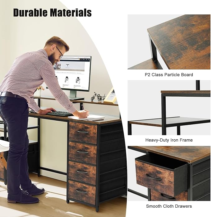 TOPSKY Compact Computer Desk with Storage Shelf/Cloth File Drawer for Letter Size/Monitor Stand Study Table for Home Office (Rustic Brown, 61.6 inch) - LeafyLoom