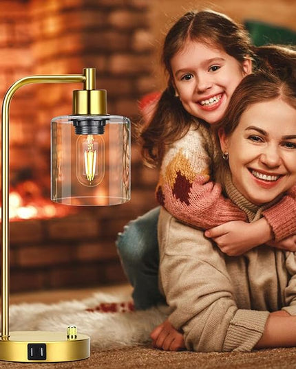 Gold Industrial Table Lamp with 2 USB Charging Ports, Fully Stepless Dimmable Modern Nightstand Lamp, Glass Shade Bedside Desk Lamp for Bedroom Living Room Office, 6W 2700K LED Edison Bulb Included - LeafyLoom