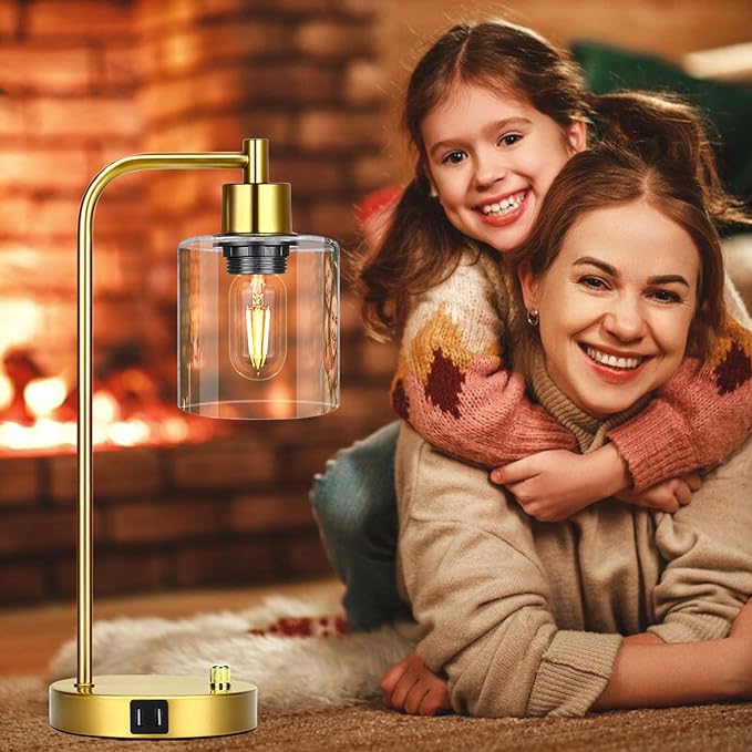 Gold Industrial Table Lamp with 2 USB Charging Ports, Fully Stepless Dimmable Modern Nightstand Lamp, Glass Shade Bedside Desk Lamp for Bedroom Living Room Office, 6W 2700K LED Edison Bulb Included - LeafyLoom