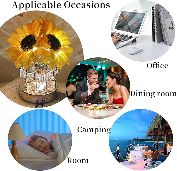 Sunflowers Lamp Touch Lam Artificial LED Sunflower Flowers with Glass Vase Table Lamp Night Light for Home Office Decor House Decorations Gift Idea - Rechargeable (Crystal Magic Cube Sunflower) - LeafyLoom