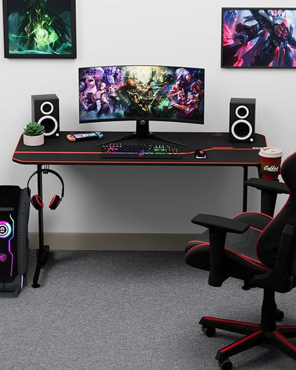 55'' Gaming Desk, Multi-Use Home Office T-Shaped Computer Workstation, Carbon Fiber Surface PC Study Table, Full Cover Mousepad, Drink Holder, Wire Holes, Headphone Hook, Cable Tray, Red - LeafyLoom