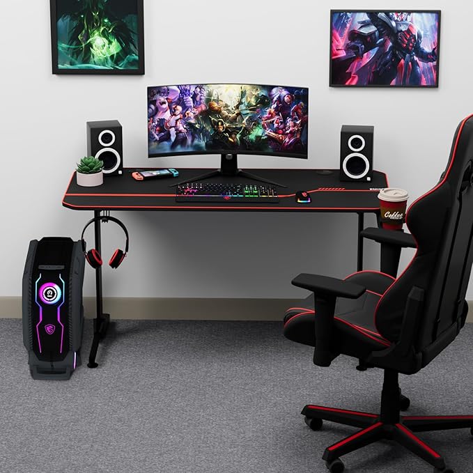 55'' Gaming Desk, Multi-Use Home Office T-Shaped Computer Workstation, Carbon Fiber Surface PC Study Table, Full Cover Mousepad, Drink Holder, Wire Holes, Headphone Hook, Cable Tray, Red - LeafyLoom