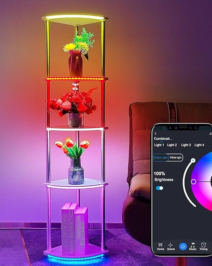 Floor Lamp with Shelves Corner Shelf with Lights Standing Lamp with Charging Stake APP Control Music Sync Multicolor Corner Lamp for Living Room White 5 Tier - LeafyLoom