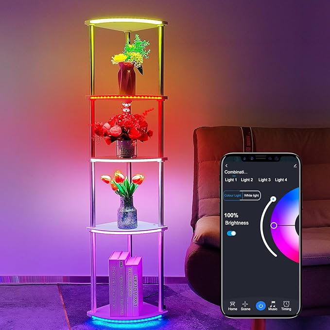 Floor Lamp with Shelves Corner Shelf with Lights Standing Lamp with Charging Stake APP Control Music Sync Multicolor Corner Lamp for Living Room White 5 Tier - LeafyLoom