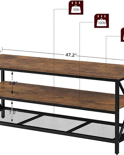 WEENFON Wood TV Stand for 55 Inch TV, 47 Inch Metal TV Table with Adjustable Leg, Unique Rustic Storage Shelve for Living Room, 3-Tiers TV Console for Bedroom, Rustic Brown - LeafyLoom