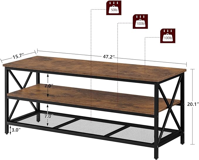 WEENFON Wood TV Stand for 55 Inch TV, 47 Inch Metal TV Table with Adjustable Leg, Unique Rustic Storage Shelve for Living Room, 3-Tiers TV Console for Bedroom, Rustic Brown - LeafyLoom