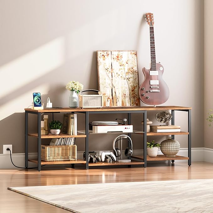 HOOBRO LED TV Stand for 65 Inch TVs with Charging Station, Gaming Entertainment Center with Open Storage, Media TV Console Table, TV Stand for Living Room, Bedroom, Rustic Brown and Black BF20UDDS01 - LeafyLoom