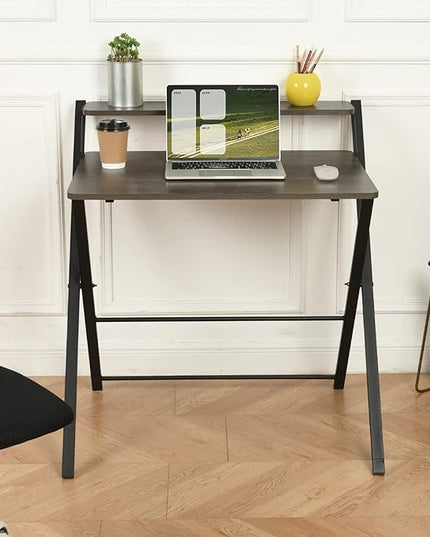 FurnitureR 31.9'' Folding Desk 2 Tier Foldable Writing Table Assembly Saves Space for Home Office Study, Metal Frames/Wood Top Laptop Table Computer Desk, Industrial Brown - LeafyLoom