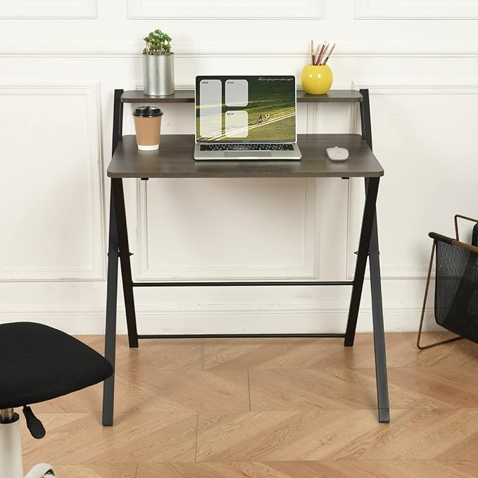 FurnitureR 31.9'' Folding Desk 2 Tier Foldable Writing Table Assembly Saves Space for Home Office Study, Metal Frames/Wood Top Laptop Table Computer Desk, Industrial Brown - LeafyLoom