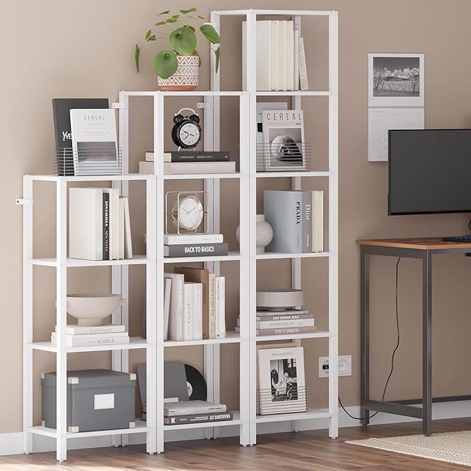 TUTOTAK Bookshelf, 5-Tier Tall Book Shelf, Narrow Bookcase for Small Space, DIY Stackable Bookshelf, for Living Room, Office, Study, Entryway, Industrial, White BS01BW005 - LeafyLoom