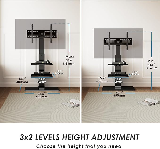 FITUEYES Swivel Floor TV Stand with Mount for TVs 37 43 50 55 60 65 70 75 Inch LCD LED Flat/Curved Screens Universal Swivel Televisions TV Mount Stand for Bedroom Living Room Black Tempered Glass Base - LeafyLoom