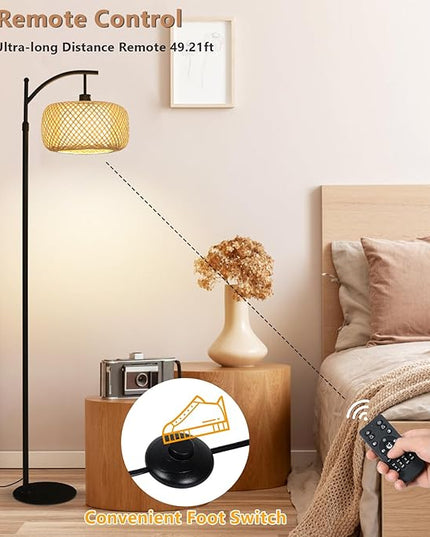 Arc Floor Lamps, Bamboo Floor Lamp with Remote & Dimmable LED Bulb, Boho Rattan Pole Lamps with Bamboo & Fabric Shades, Rustic Standing Lamps for Living Room Bedroom Tall Reading Light - LeafyLoom
