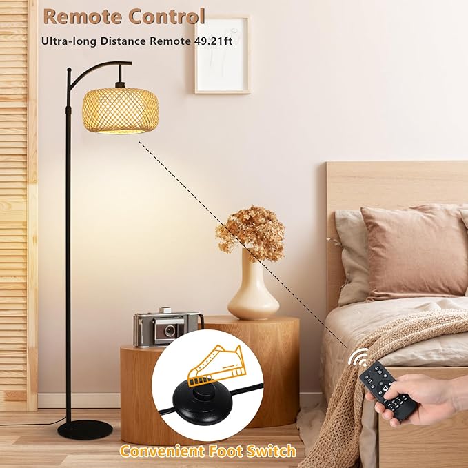 Arc Floor Lamps, Bamboo Floor Lamp with Remote & Dimmable LED Bulb, Boho Rattan Pole Lamps with Bamboo & Fabric Shades, Rustic Standing Lamps for Living Room Bedroom Tall Reading Light - LeafyLoom