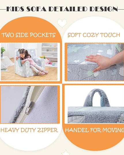 Snuggly-Soft Cuddly Toddler Plush Armchair for Boys and Girls Glowing Grey Fuzzy Plush Kids Sofa Couch Reading Chair with Children Friendly Handle for Easy Movement & Double Pockets for Storage - LeafyLoom