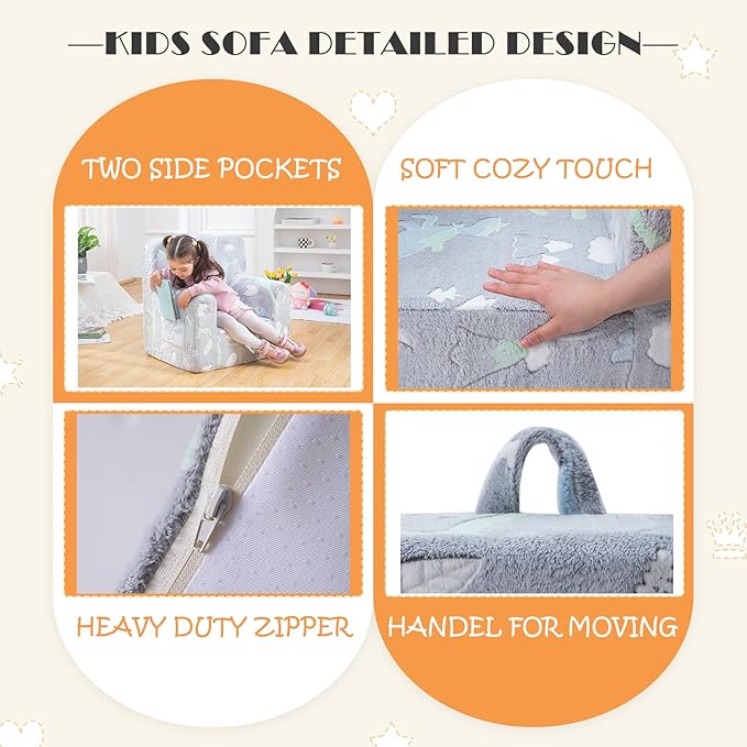 Snuggly-Soft Cuddly Toddler Plush Armchair for Boys and Girls Glowing Grey Fuzzy Plush Kids Sofa Couch Reading Chair with Children Friendly Handle for Easy Movement & Double Pockets for Storage - LeafyLoom