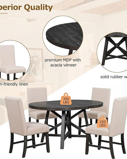 NicBex Round Dining Table for 4 Kitchen Table and Chairs 5-Piece Dining Set with Extendable Round Table with Removable Middle Leaf and 4 Upholstered Chairs, Black - LeafyLoom