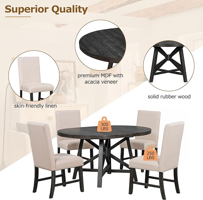 NicBex Round Dining Table for 4 Kitchen Table and Chairs 5-Piece Dining Set with Extendable Round Table with Removable Middle Leaf and 4 Upholstered Chairs, Black - LeafyLoom