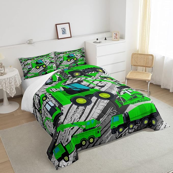 Excavator Down Comforter, Kids Boys Cartoon Car Comforter Set Twin, Children Tractor Truck Duvet Sets Girls Construction Vehicle Bulldozer Bedding Set 2 Pieces with 1 Pillow Case, Green Gray - LeafyLoom