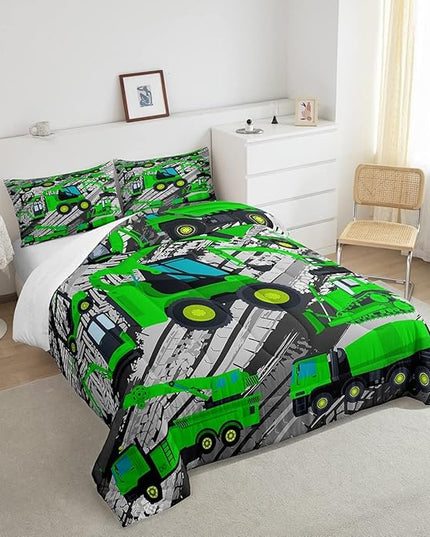 Excavator Down Comforter, Kids Boys Cartoon Car Comforter Set Full, Children Tractor Truck Duvet Sets Girls Construction Vehicle Bulldozer Bedding Set 3 Pieces with 2 Pillow Cases, Green Gray - LeafyLoom