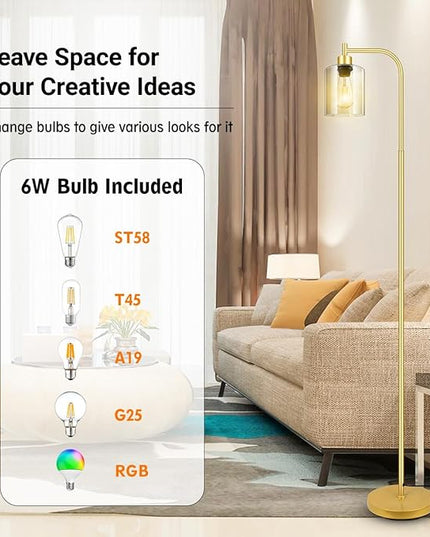 Gold Floor Lamp, Standing Lamp with Glass Lampshade, 6W LED Bulb Included, Modern Floor Lamp with Foot Switch, Industrial Floor Lamp, Bright LED Floor Lamp for Living Room and Bedroom, Office - LeafyLoom