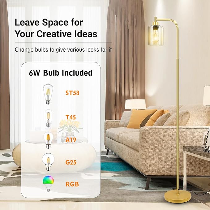 Gold Floor Lamp, Standing Lamp with Glass Lampshade, 6W LED Bulb Included, Modern Floor Lamp with Foot Switch, Industrial Floor Lamp, Bright LED Floor Lamp for Living Room and Bedroom, Office - LeafyLoom