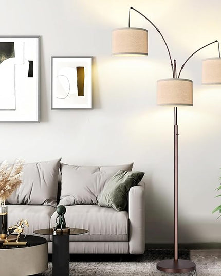 Dimmable Floor Lamp - 3 Lights Arc Floor Lamps for Living Room, 1000LM Modern Tall Standing Lamp With Beige Shades, Mid Century Tree Floor Lamp for Bedroom Office, 3 LED Bulbs Included - Brown - LeafyLoom