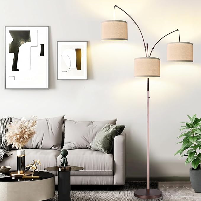 Dimmable Floor Lamp - 3 Lights Arc Floor Lamps for Living Room, 1000LM Modern Tall Standing Lamp With Beige Shades, Mid Century Tree Floor Lamp for Bedroom Office, 3 LED Bulbs Included - Brown - LeafyLoom