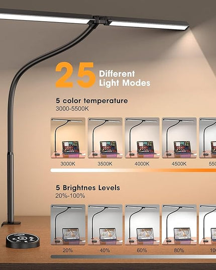 Led Desk Lamp for Office Home - Eye Caring Architect lamp with Clamp,Dual Screen Computer Monitor Gooseneck Smart Light: 24W 5 Color Flexible Adjustable Lighting Table Lamp for Study Drafting - LeafyLoom