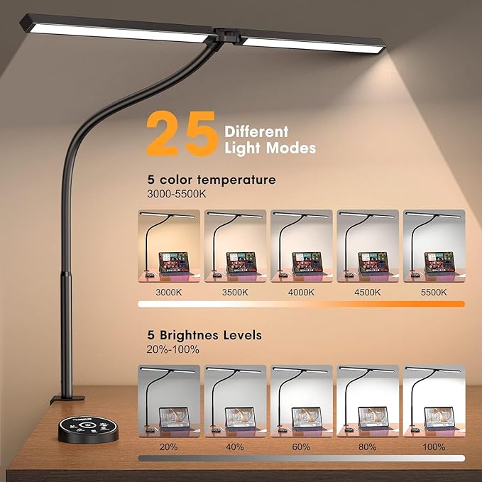 Led Desk Lamp for Office Home - Eye Caring Architect lamp with Clamp,Dual Screen Computer Monitor Gooseneck Smart Light: 24W 5 Color Flexible Adjustable Lighting Table Lamp for Study Drafting - LeafyLoom