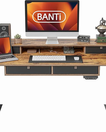 BANTI Height Adjustable Electric Standing Desk with 4 Drawers, 55 x 24 Inch Table with Storage Shelf, Sit Stand Desk, Rustic Brown Top - LeafyLoom