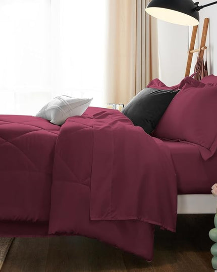 CozyLux King Comforter Set with Sheets 7 Pieces Bed in a Bag Burgundy All Season Bedding Sets with Comforter, Pillow Shams, Flat Sheet, Fitted Sheet and Pillowcases, Red, King - LeafyLoom