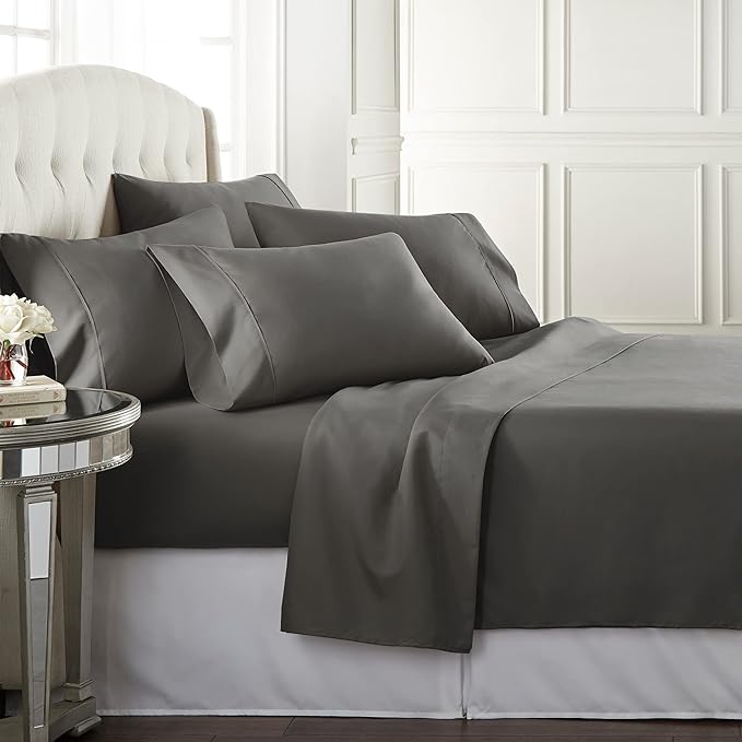 Danjor Linens California King Sheet Set - 6 Piece Set Including 4 Pillowcases - Deep Pockets - Breathable, Soft Bed Sheets - Wrinkle Free - Machine Washable - Gray Cal King Bed Sheets - 6 pc - LeafyLoom