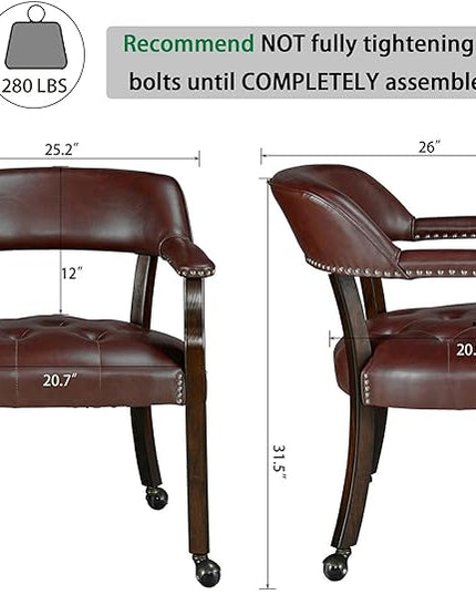Dining Chairs with Casters and Arm, Large Rolling Dining Chairs with Wheel, Poker Table Chairs, Boss Caption's Chairs, 26"D x 25.2"W x 31.5"H, Espresso Legs & Wine Red Brown PU, XXY-1910-WR - LeafyLoom
