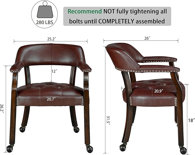 Dining Chairs with Casters and Arm, Large Rolling Dining Chairs with Wheel, Poker Table Chairs, Boss Caption's Chairs, 26"D x 25.2"W x 31.5"H, Espresso Legs & Wine Red Brown PU, XXY-1910-WR - LeafyLoom