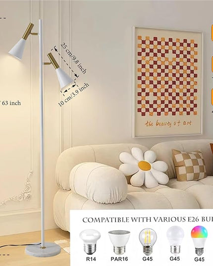 Elegant Modern Floor Lamp with 2 Adjustable Head,White and Gold Stand up Lamps with Marble Base,Tall Pole Uplight,Tree Floor Lamps for Living Room,Office - LeafyLoom